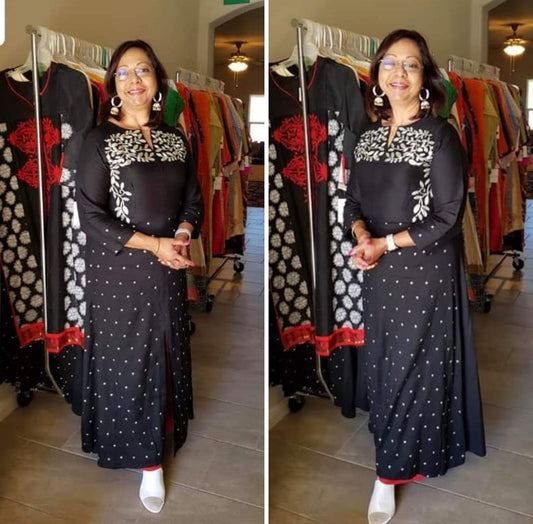 Black front slit Kurti with white thread embroidery and Polka dots